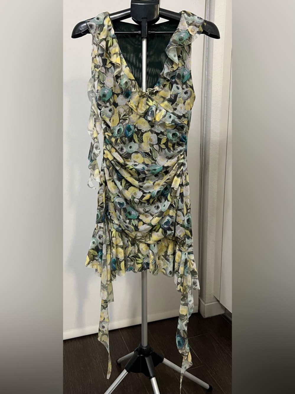 Zara NWT Floral Ruched Mesh Mini Dress Size L Ruffle Trim Sleeveless - Picture 2 of 14